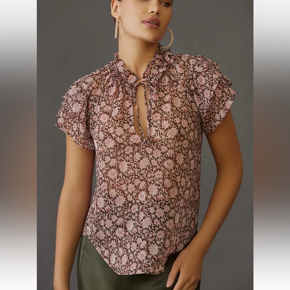 Anthropologie Pink Floral Ruffled Tie-Neck Blouse